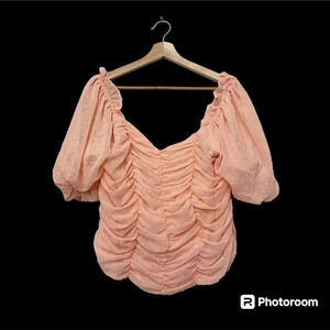 Ashley Stewart curvy peach textured puff sleeve crop top blouse coquette girly